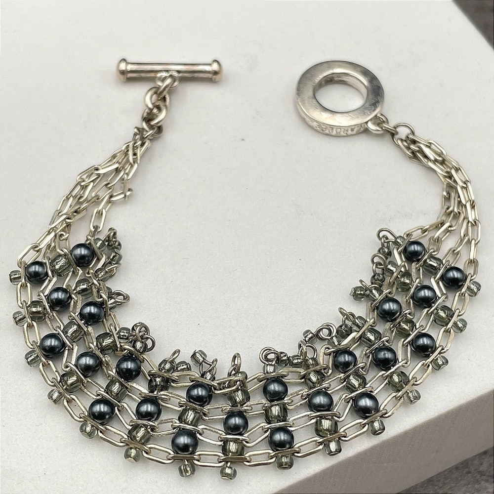 VTG Silver Tone Multi Strand Woven Mesh Bracelet Gunmetal Faux Pearl Toggle Boho
